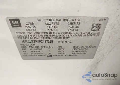 2015 Chevrolet Equinox 1Lt z USA, uszkodzony, nr VIN 1GNALBEK0FZ127375